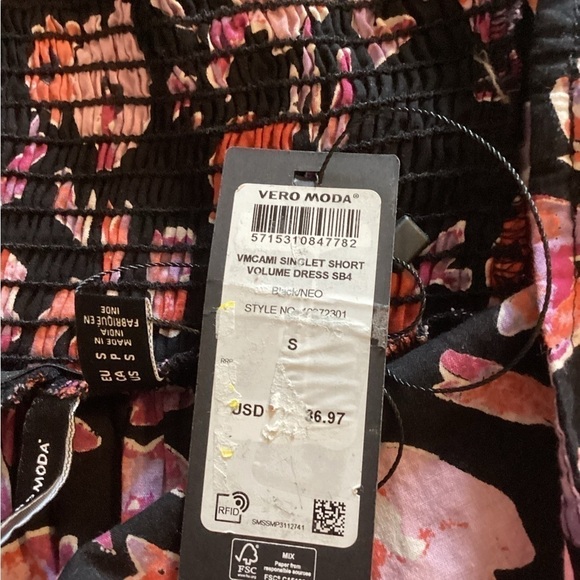 NWOT Vero Moda Floral Singlet Short Volume Dress Black/Neo - Picture 3 of 5